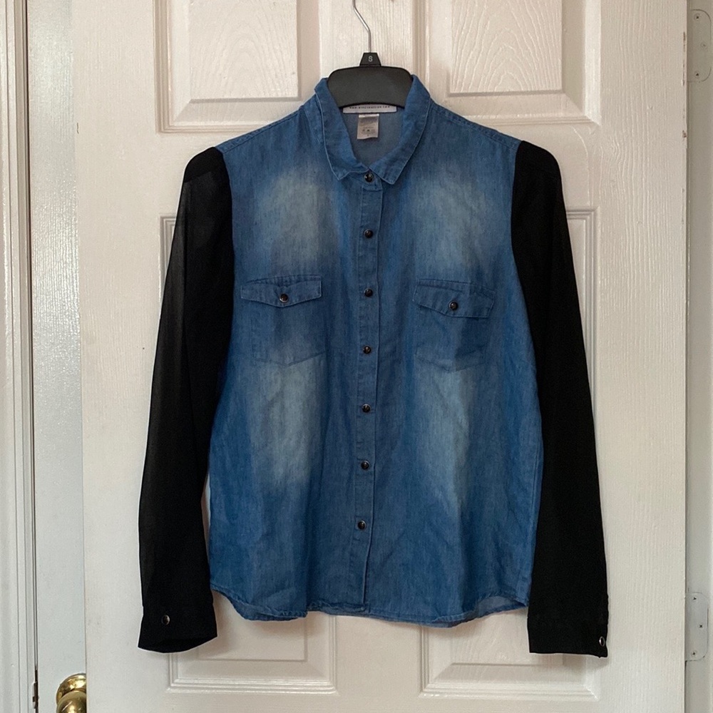 GW Gypsy Warrior Chambray Black Sheer Sleeves Button Down Shirt